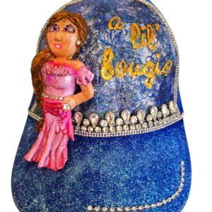 Handmade Baseball Hat - Adjustable - 100% Cotton - Blue and Pink - Sparkles!